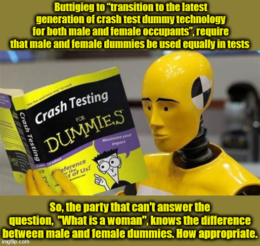 Crash Test Dummy | Buttigieg to “transition to the latest generation of crash test dummy technology for both male and female occupants”, require that male and female dummies be used equally in tests; So, the party that can't answer the question,  "What is a woman", knows the difference between male and female dummies. How appropriate. | image tagged in crash test dummy,democrats,pete buttegieg,liberal logic | made w/ Imgflip meme maker