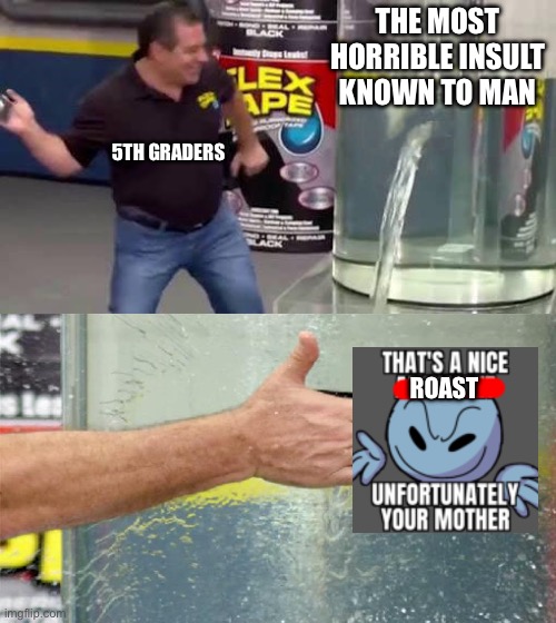 5th graders share one brain cell | THE MOST HORRIBLE INSULT KNOWN TO MAN; 5TH GRADERS; ROAST | image tagged in flex tape | made w/ Imgflip meme maker