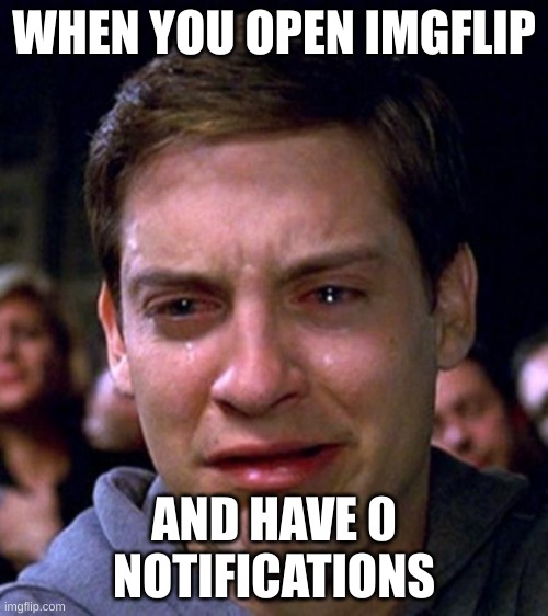 crying peter parker | WHEN YOU OPEN IMGFLIP; AND HAVE 0 NOTIFICATIONS | image tagged in crying peter parker | made w/ Imgflip meme maker