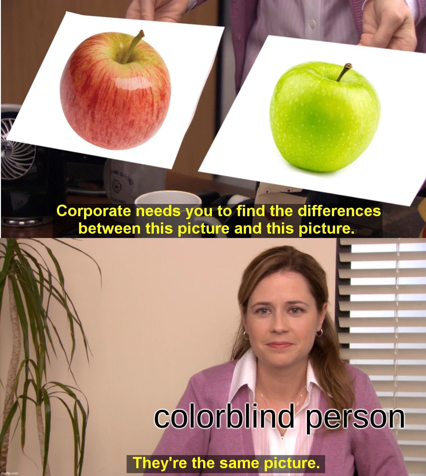 apple | colorblind person | image tagged in memes,they're the same picture | made w/ Imgflip meme maker
