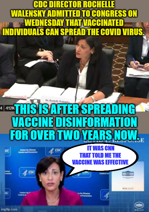 CDC Director Walensky Admits She Found Out Vaccines were Effective by Watching CNN | CDC DIRECTOR ROCHELLE WALENSKY ADMITTED TO CONGRESS ON WEDNESDAY THAT VACCINATED INDIVIDUALS CAN SPREAD THE COVID VIRUS. THIS IS AFTER SPREADING VACCINE DISINFORMATION FOR OVER TWO YEARS NOW. IT WAS CNN THAT TOLD ME THE VACCINE WAS EFFECTIVE | image tagged in cdc,cnn fake news,covid vaccine,lies,media lies | made w/ Imgflip meme maker