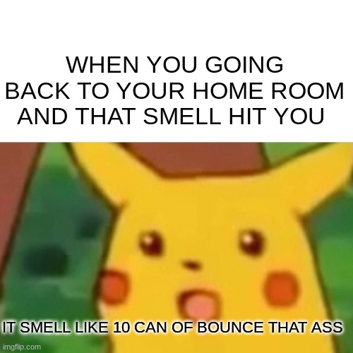 FACTS | WHEN YOU GOING BACK TO YOUR HOME ROOM AND THAT SMELL HIT YOU; IT SMELL LIKE 10 CAN OF BOUNCE THAT ASS | image tagged in memes,surprised pikachu | made w/ Imgflip meme maker