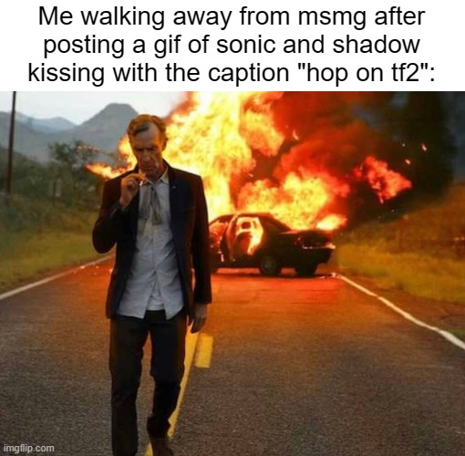 I'm such a silly goose | Me walking away from msmg after posting a gif of sonic and shadow kissing with the caption "hop on tf2": | image tagged in bill nye badass | made w/ Imgflip meme maker