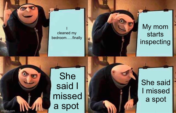 Uhh, some people | I cleaned my bedroom…..finally; My mom starts inspecting; She said I missed a spot; She said I missed a spot | image tagged in memes,gru's plan,karens | made w/ Imgflip meme maker