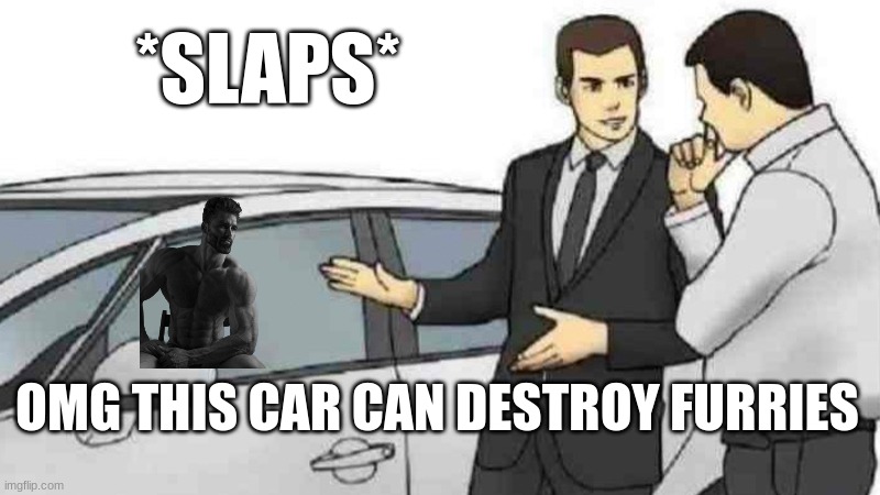Car Salesman Slaps Roof Of Car Meme | *SLAPS* OMG THIS CAR CAN DESTROY FURRIES | image tagged in memes,car salesman slaps roof of car | made w/ Imgflip meme maker