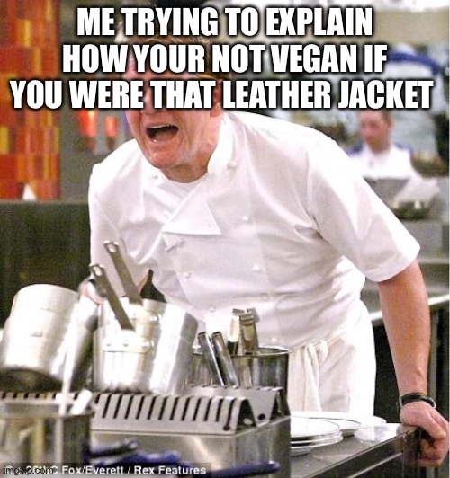 Chef Gordon Ramsay Meme | ME TRYING TO EXPLAIN HOW YOUR NOT VEGAN IF YOU WERE THAT LEATHER JACKET | image tagged in memes,chef gordon ramsay | made w/ Imgflip meme maker