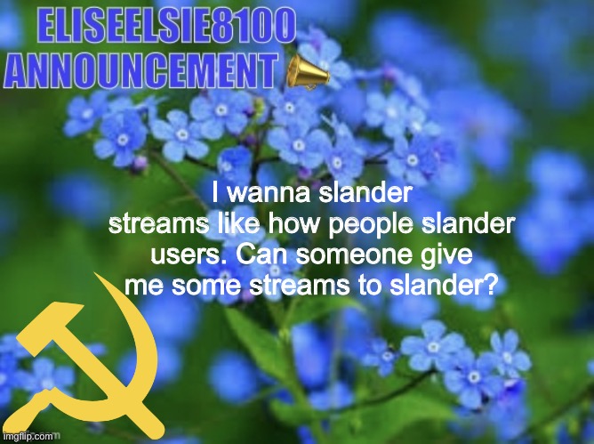 Elizabeth won’t shut up about antisemitism so I won’t shut up ab | I wanna slander streams like how people slander users. Can someone give me some streams to slander? | image tagged in elizabeth won t shut up about antisemitism so i won t shut up ab | made w/ Imgflip meme maker