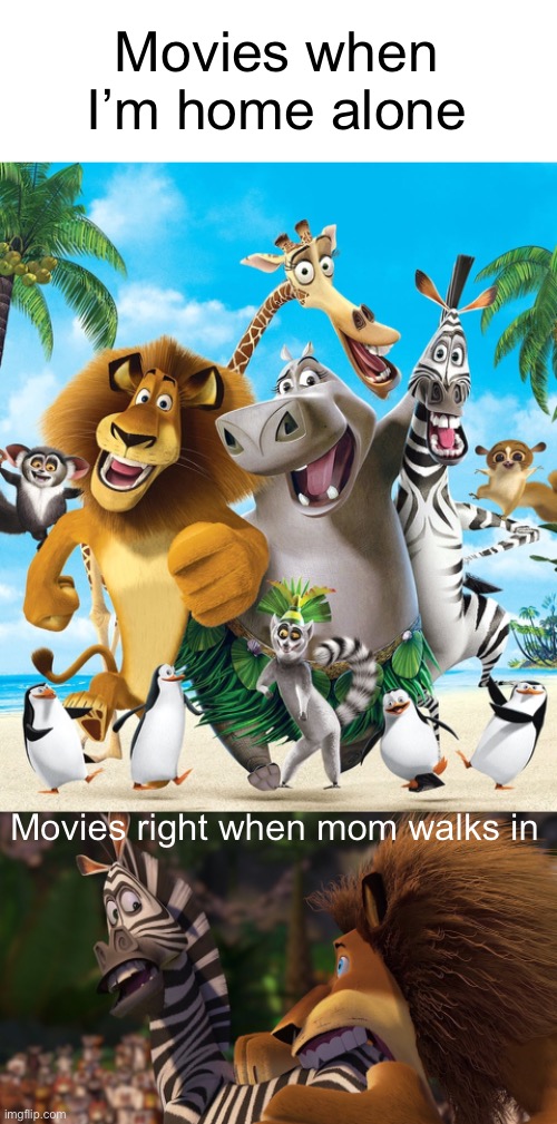 Meme #715 | Movies when I’m home alone; Movies right when mom walks in | image tagged in madagascar,moms,relatable,annoying,memes,movies | made w/ Imgflip meme maker
