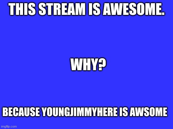 THIS STREAM IS AWESOME. WHY? BECAUSE YOUNGJIMMYHERE IS AWSOME | made w/ Imgflip meme maker
