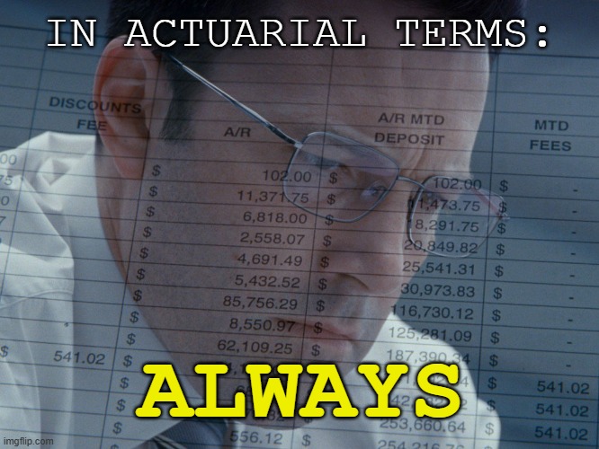 Accountant | IN ACTUARIAL TERMS: ALWAYS | image tagged in accountant | made w/ Imgflip meme maker