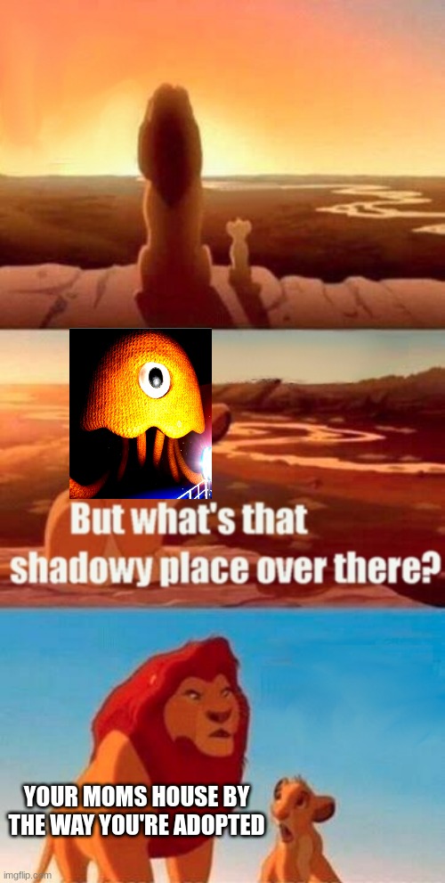 Simba Shadowy Place Meme | YOUR MOMS HOUSE BY THE WAY YOU'RE ADOPTED | image tagged in memes,simba shadowy place | made w/ Imgflip meme maker