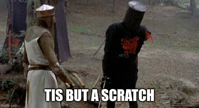 Tis but a scratch | TIS BUT A SCRATCH | image tagged in tis but a scratch | made w/ Imgflip meme maker