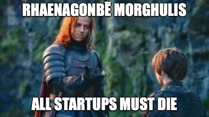 so meta | RHAENAGONBĒ MORGHULIS; ALL STARTUPS MUST DIE | image tagged in startups,all men must die | made w/ Imgflip meme maker