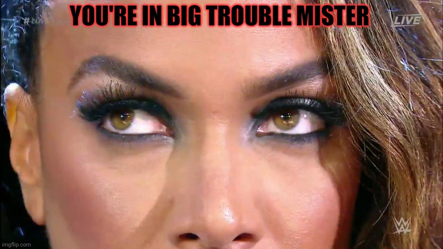 Nia Jax side eye | YOU'RE IN BIG TROUBLE MISTER | image tagged in nia jax side eye | made w/ Imgflip meme maker