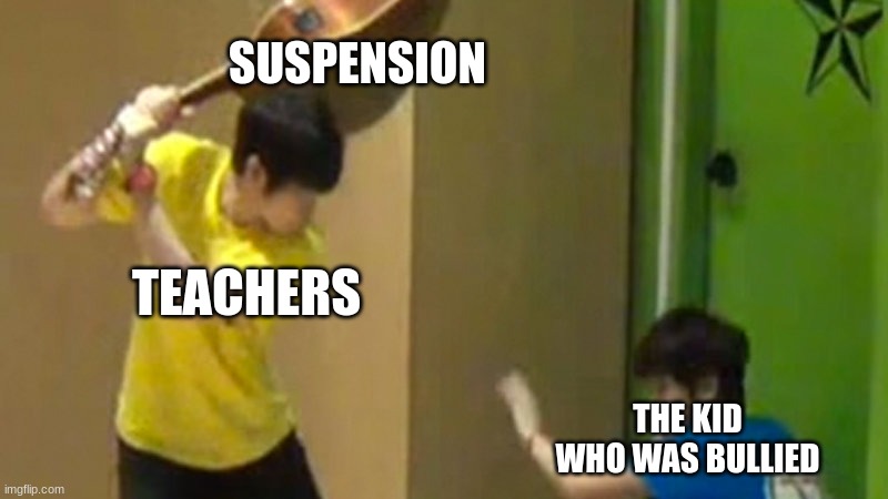 Guitar hit | SUSPENSION; TEACHERS; THE KID WHO WAS BULLIED | image tagged in guitar hit | made w/ Imgflip meme maker