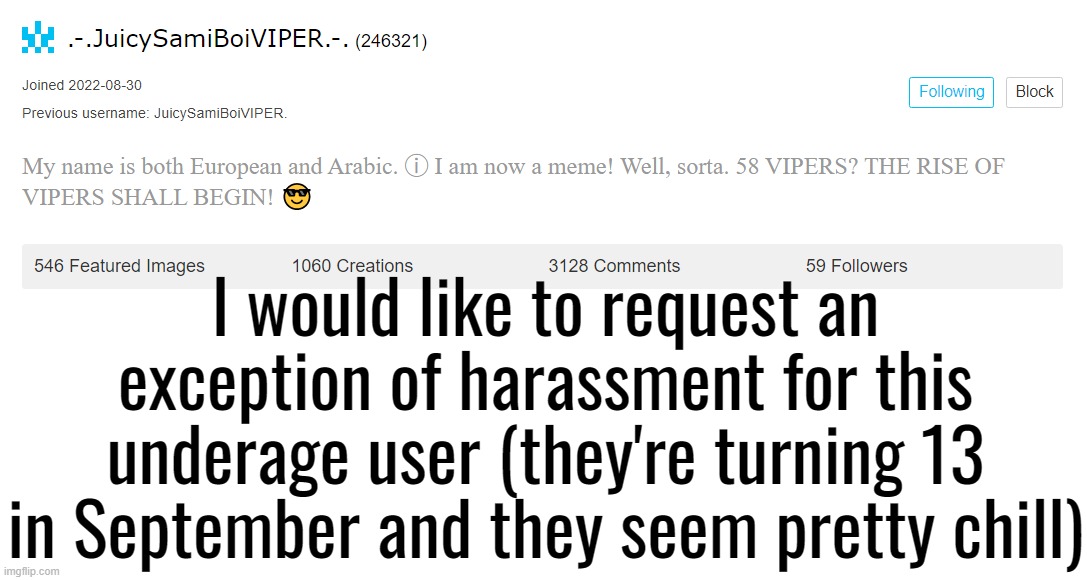 I would like to request an exception of harassment for this underage user (they're turning 13 in September and they seem pretty chill) | made w/ Imgflip meme maker