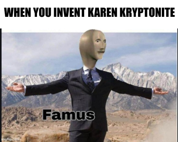 No more Karens. I famus | WHEN YOU INVENT KAREN KRYPTONITE | image tagged in stonks famus | made w/ Imgflip meme maker