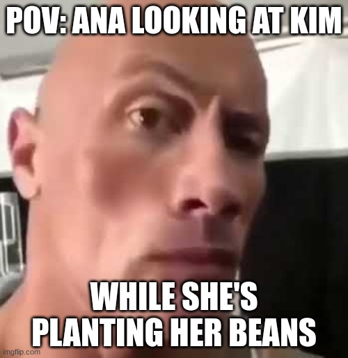 The Rock Eyebrows | POV: ANA LOOKING AT KIM; WHILE SHE'S PLANTING HER BEANS | image tagged in the rock eyebrows | made w/ Imgflip meme maker
