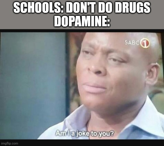 You can't ban that | SCHOOLS: DON'T DO DRUGS
DOPAMINE: | image tagged in am i a joke to you | made w/ Imgflip meme maker