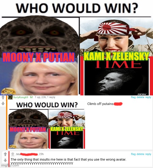 Don't woryy I censored out the names so it's not mucjracking | image tagged in moon man,loves,putin | made w/ Imgflip meme maker