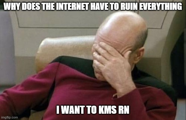 i f*cking swear | WHY DOES THE INTERNET HAVE TO RUIN EVERYTHING; I WANT TO KMS RN | image tagged in memes,captain picard facepalm | made w/ Imgflip meme maker