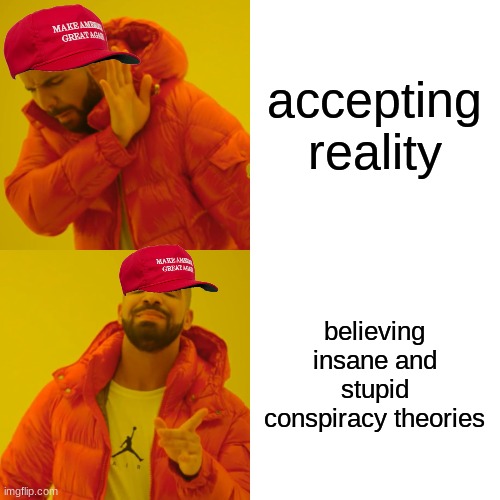 Drake Hotline Bling Meme | accepting reality believing insane and stupid conspiracy theories | image tagged in memes,drake hotline bling | made w/ Imgflip meme maker