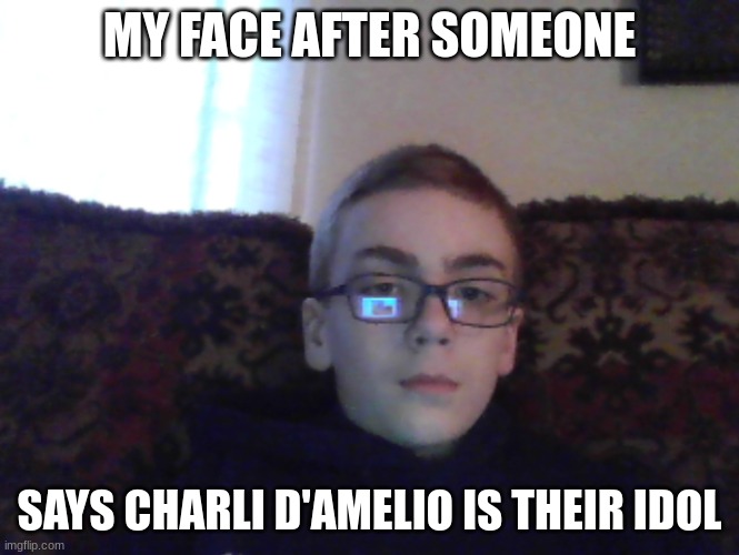 couch kid | MY FACE AFTER SOMEONE; SAYS CHARLI D'AMELIO IS THEIR IDOL | image tagged in couch kid | made w/ Imgflip meme maker
