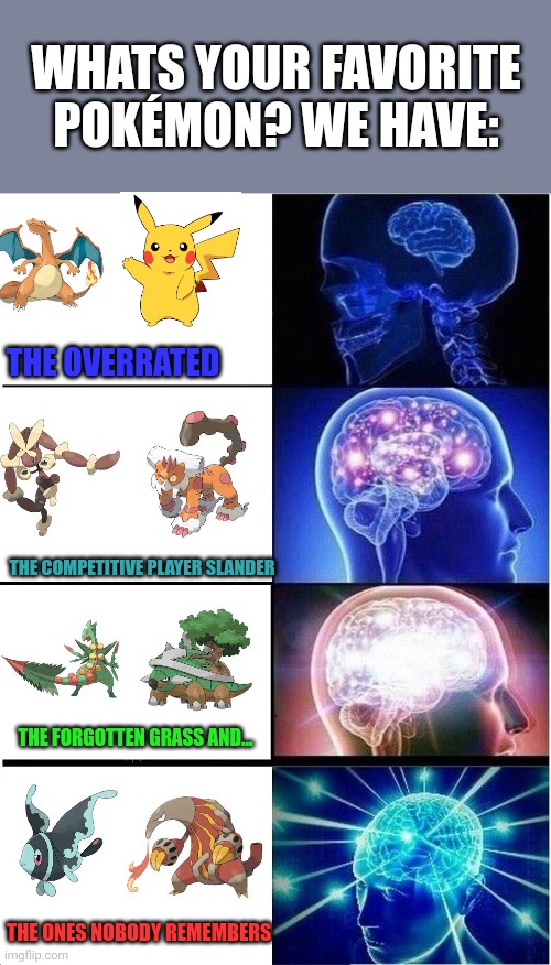 Expanding Brain | WHATS YOUR FAVORITE POKÉMON? WE HAVE:; THE OVERRATED; THE COMPETITIVE PLAYER SLANDER; THE FORGOTTEN GRASS AND... THE ONES NOBODY REMEMBERS | image tagged in memes,expanding brain | made w/ Imgflip meme maker