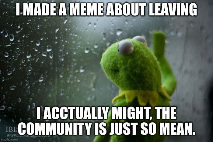 sad | I MADE A MEME ABOUT LEAVING; I ACTUALLY MIGHT, THE COMMUNITY IS JUST SO MEAN. | image tagged in kermit window | made w/ Imgflip meme maker