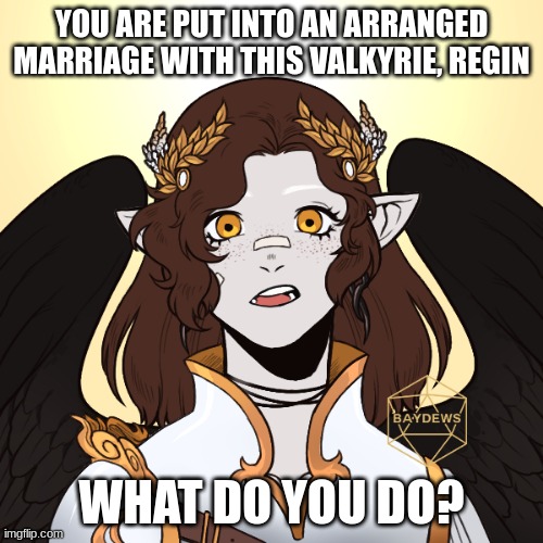 Also from the same book as Lena. Again, if you want to read it, just ask for the link! | YOU ARE PUT INTO AN ARRANGED MARRIAGE WITH THIS VALKYRIE, REGIN; WHAT DO YOU DO? | made w/ Imgflip meme maker