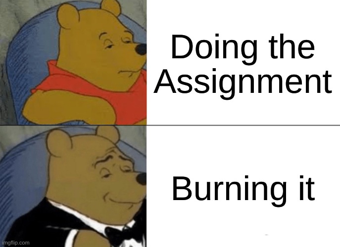 All College Students | Doing the Assignment; Burning it | image tagged in memes,tuxedo winnie the pooh | made w/ Imgflip meme maker