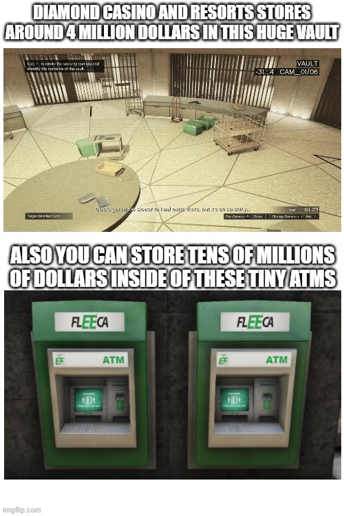storing money logic in gta online be like: | DIAMOND CASINO AND RESORTS STORES AROUND 4 MILLION DOLLARS IN THIS HUGE VAULT; ALSO YOU CAN STORE TENS OF MILLIONS OF DOLLARS INSIDE OF THESE TINY ATMS | image tagged in gta online,gta 5,gta,gta v,gta5,memes | made w/ Imgflip meme maker