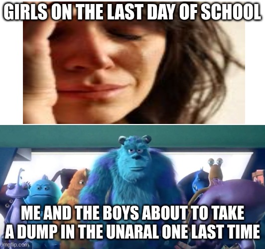 IM BACK! (MEMES THAT MAKE ME CRY 36) | GIRLS ON THE LAST DAY OF SCHOOL; ME AND THE BOYS ABOUT TO TAKE A DUMP IN THE UNARAL ONE LAST TIME | image tagged in funny | made w/ Imgflip meme maker