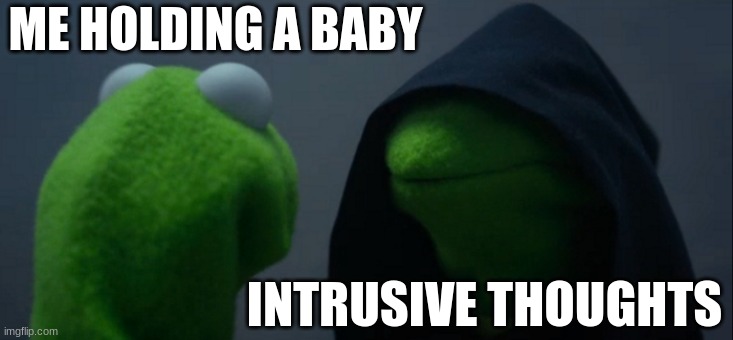 Seriously | ME HOLDING A BABY; INTRUSIVE THOUGHTS | image tagged in memes,evil kermit | made w/ Imgflip meme maker