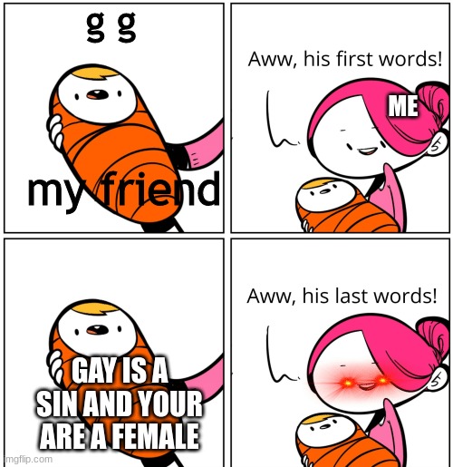 Aww, His Last Words | g g; ME; my friend; GAY IS A SIN AND YOUR ARE A FEMALE | image tagged in aww his last words | made w/ Imgflip meme maker