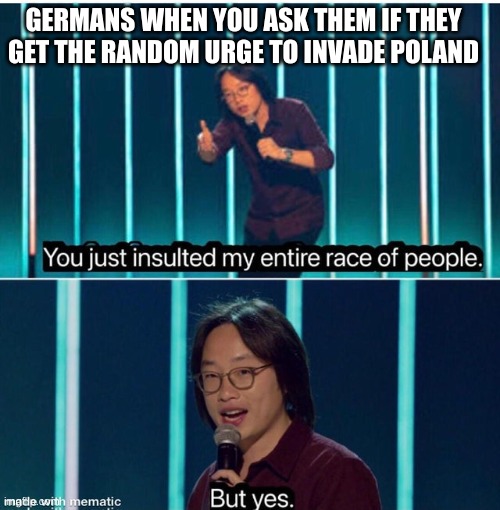 You just insulted my entire race of people | GERMANS WHEN YOU ASK THEM IF THEY GET THE RANDOM URGE TO INVADE POLAND | image tagged in you just insulted my entire race of people | made w/ Imgflip meme maker