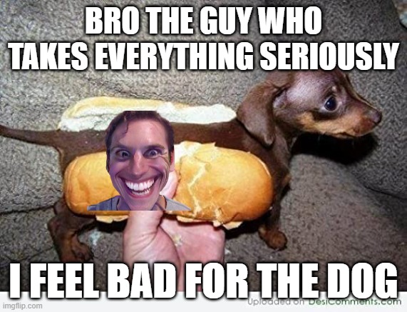 BRO THE GUY WHO TAKES EVERYTHING SERIOUSLY; I FEEL BAD FOR THE DOG | image tagged in funny memes | made w/ Imgflip meme maker