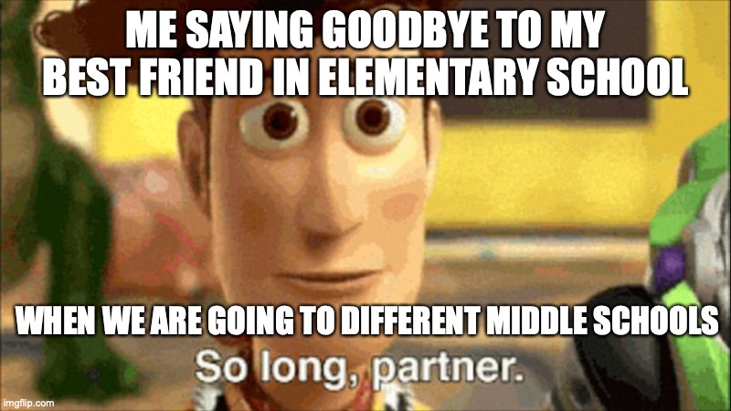 The saddest thing ever! | ME SAYING GOODBYE TO MY BEST FRIEND IN ELEMENTARY SCHOOL; WHEN WE ARE GOING TO DIFFERENT MIDDLE SCHOOLS | image tagged in so long partner,elementary,best friends,sad but true | made w/ Imgflip meme maker