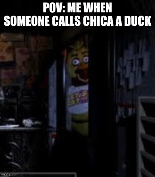 not duck is chicken | POV: ME WHEN SOMEONE CALLS CHICA A DUCK | image tagged in chica looking in window fnaf,fnaf,fun,funny,meme | made w/ Imgflip meme maker