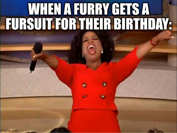 Furries in a nutshell | WHEN A FURRY GETS A FURSUIT FOR THEIR BIRTHDAY: | image tagged in memes,oprah you get a,offensive,furry | made w/ Imgflip meme maker
