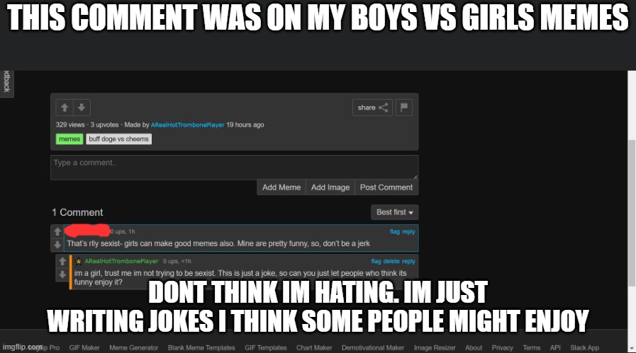 THIS COMMENT WAS ON MY BOYS VS GIRLS MEMES; DONT THINK IM HATING. IM JUST WRITING JOKES I THINK SOME PEOPLE MIGHT ENJOY | image tagged in mean,comment,chicken,butt | made w/ Imgflip meme maker