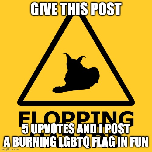 Flopping hazard | GIVE THIS POST; 5 UPVOTES AND I POST A BURNING LGBTQ FLAG IN FUN | image tagged in flopping hazard | made w/ Imgflip meme maker