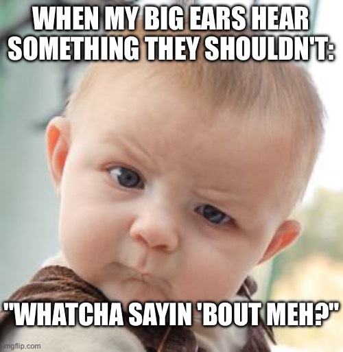 Babies are terrifying ? | WHEN MY BIG EARS HEAR SOMETHING THEY SHOULDN'T:; "WHATCHA SAYIN 'BOUT MEH?" | image tagged in memes,skeptical baby | made w/ Imgflip meme maker