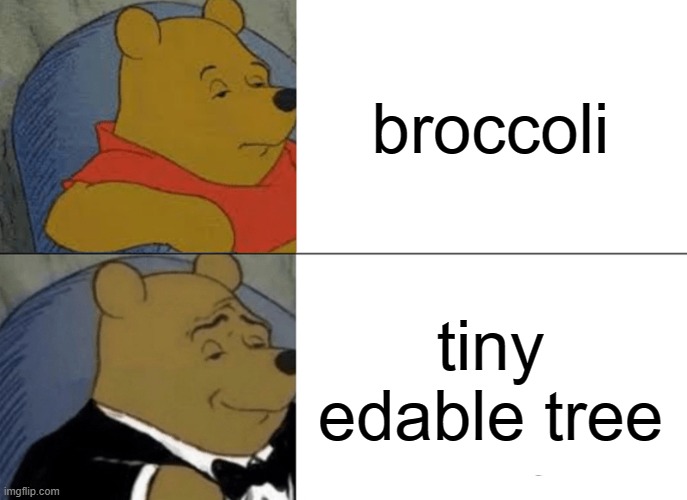 Tuxedo Winnie The Pooh Meme | broccoli; tiny edable tree | image tagged in memes,tuxedo winnie the pooh | made w/ Imgflip meme maker