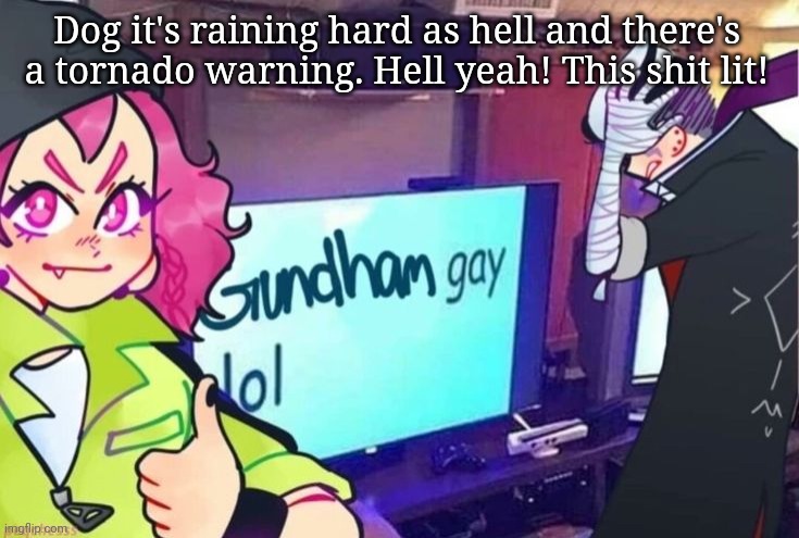 Gundham gay lol | Dog it's raining hard as hell and there's a tornado warning. Hell yeah! This shit lit! | image tagged in gundham gay lol | made w/ Imgflip meme maker