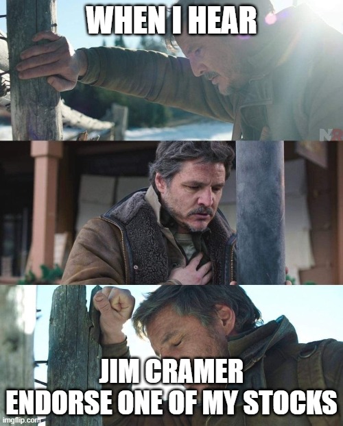 Oh no! | WHEN I HEAR; JIM CRAMER ENDORSE ONE OF MY STOCKS | image tagged in joel from the last of us has a panic attack | made w/ Imgflip meme maker