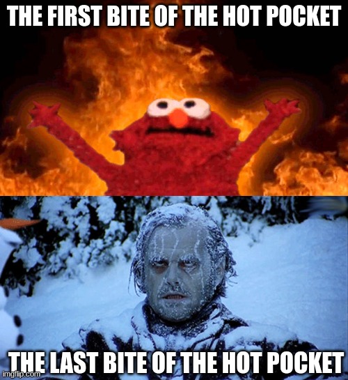 THE FIRST BITE OF THE HOT POCKET; THE LAST BITE OF THE HOT POCKET | image tagged in elmo fire,freezing cold | made w/ Imgflip meme maker