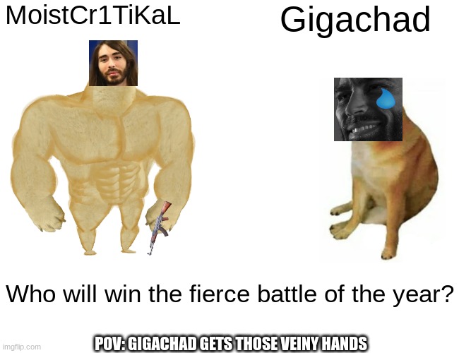 Buff Doge vs. Cheems Meme | Gigachad; MoistCr1TiKaL; Who will win the fierce battle of the year? POV: GIGACHAD GETS THOSE VEINY HANDS | image tagged in memes,buff doge vs cheems | made w/ Imgflip meme maker