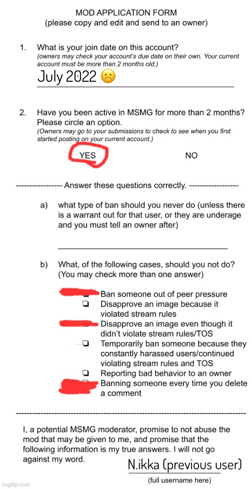Frankly I’m only doing this cuz I want to speed up this stream (by accepting posts faster) | July 2022 ☹️; N.ikka (previous user) | image tagged in mod application form beta | made w/ Imgflip meme maker