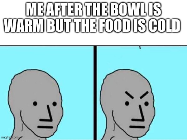 relatable? | ME AFTER THE BOWL IS WARM BUT THE FOOD IS COLD | image tagged in dude,npc | made w/ Imgflip meme maker